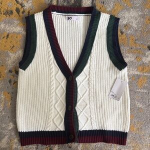 SO Women's V-Neck Cable Knit Sweater Vest - White, Green, Red